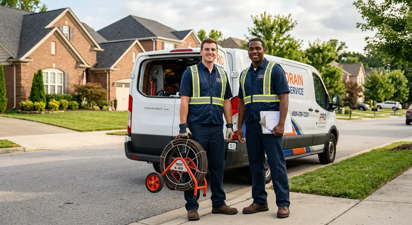 Sewer and drain service team with equipment ready for work in Centerville