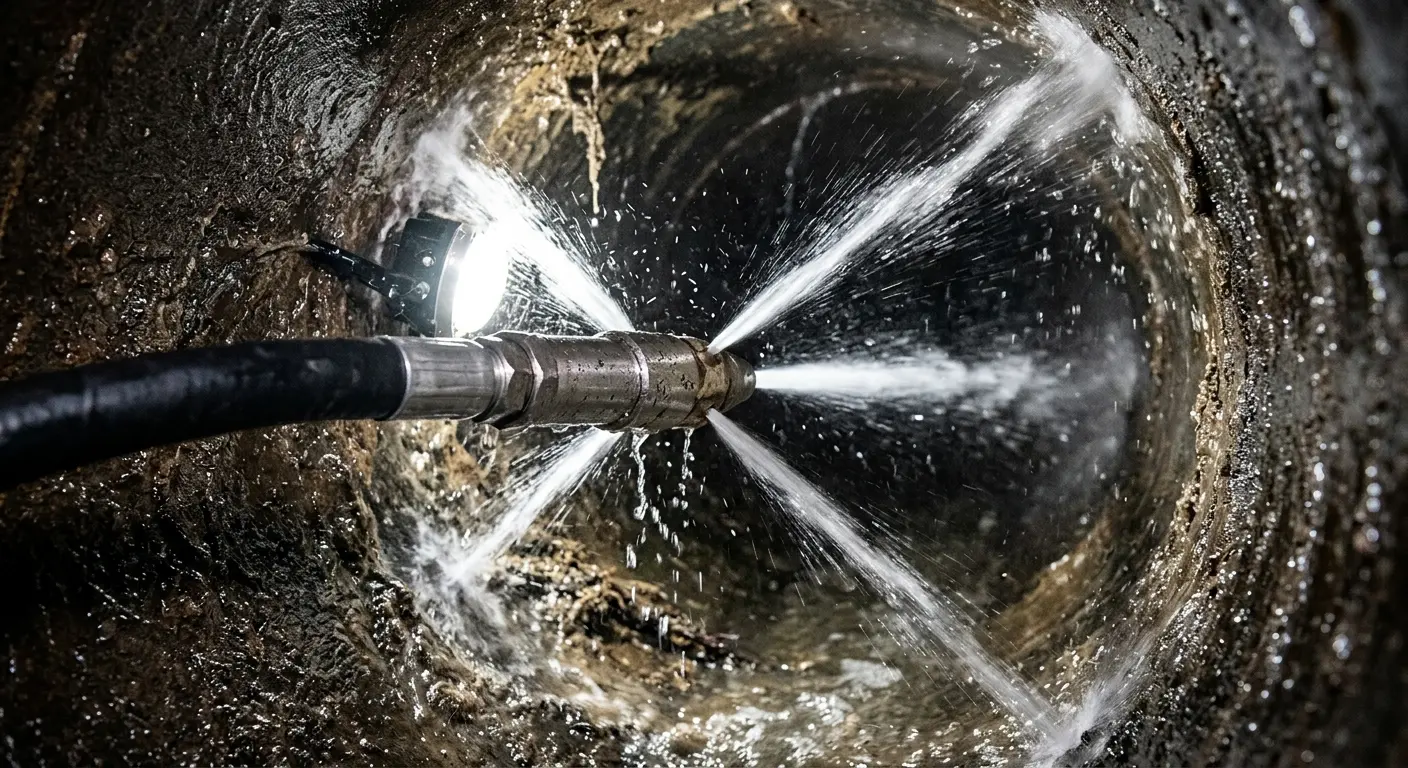 High-pressure hydro jetting nozzle cleaning sewer pipe for Trenchless Sewer Repair in Centerville